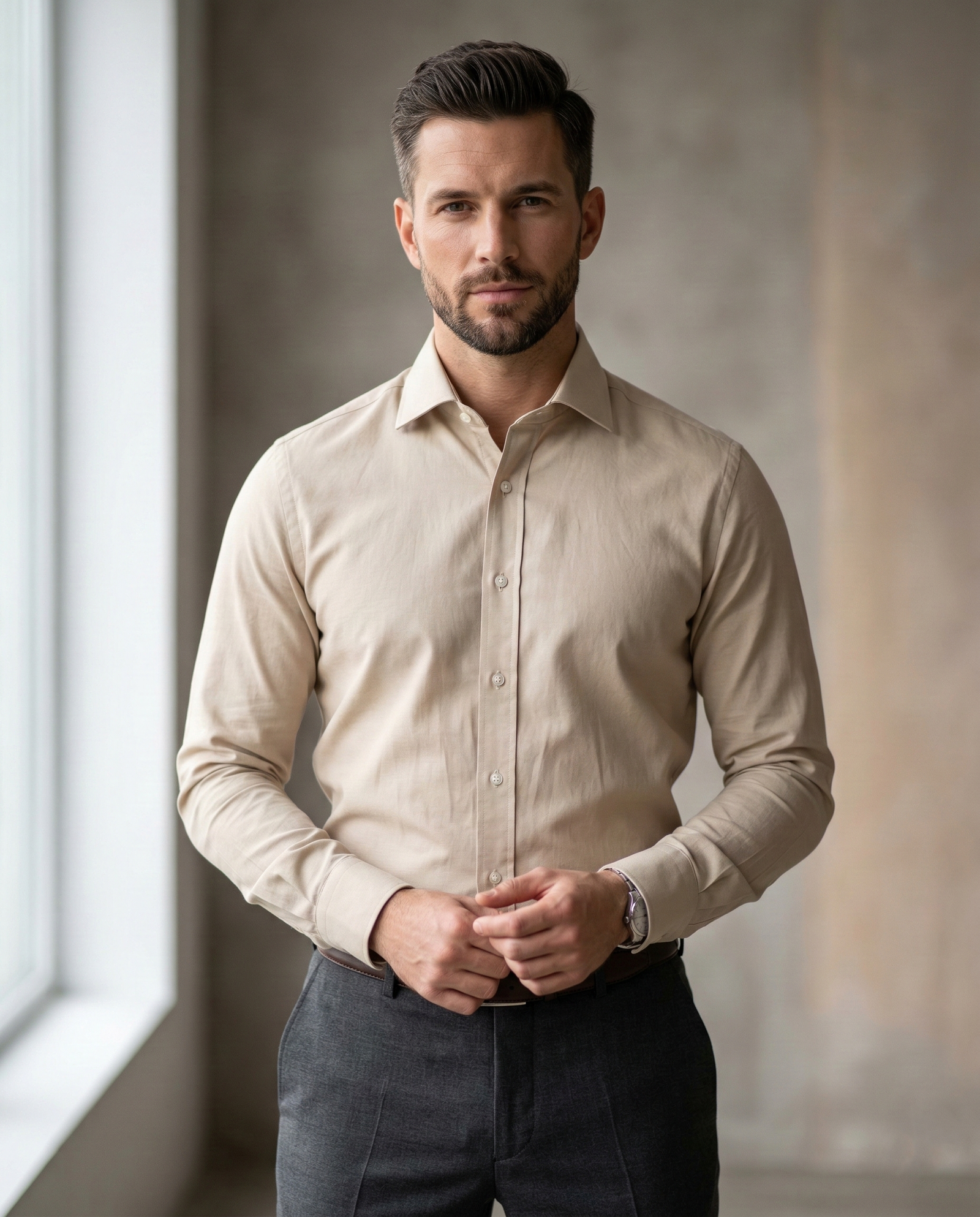 Beige Formal Shirt for Men | Premium Cotton Blend Regular Fit Office & Business Wear Shirt