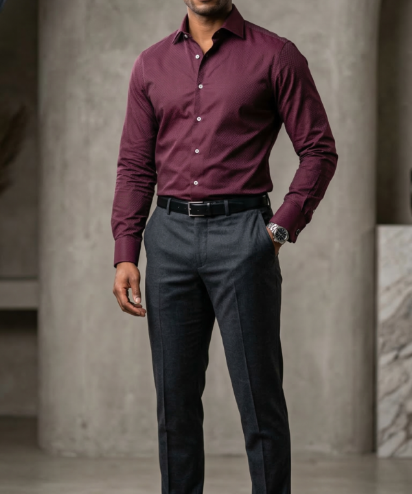 Men's Luxury Designer Burgundy Shirt – Slim Fit Textured Button-Down