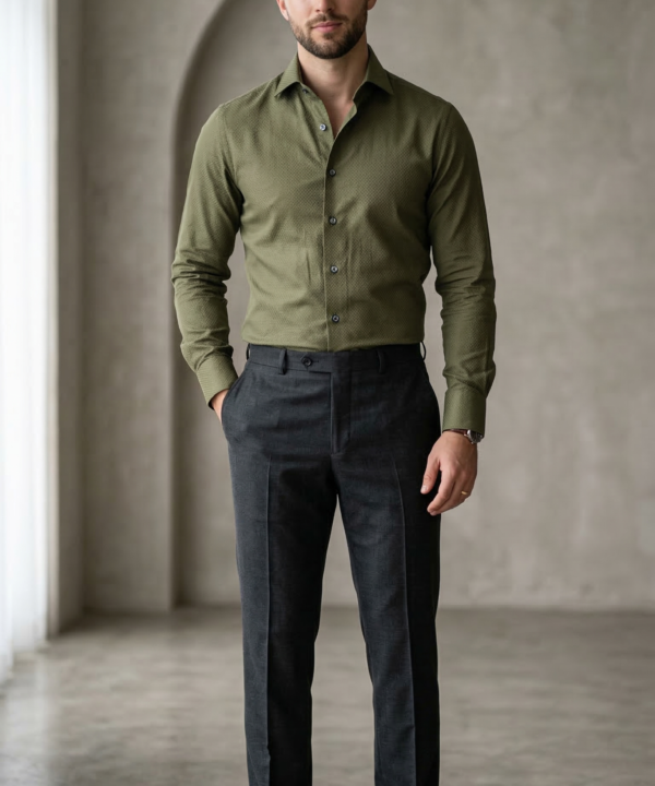 Men's Luxury Designer Olive Green Shirt – Slim Fit Micro-Texture Button-Down