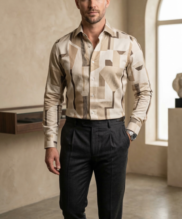 Men's Luxury Designer Geometric Print Button-Down – Slim Fit Abstract Pattern Shirt in Sand & Stone
