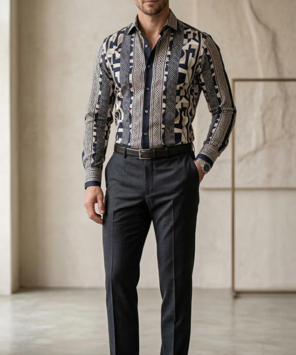 Men’s Slim-Fit Mosaic Geometric Print Silk-Blend Shirt – Midnight & Cream
