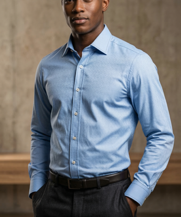 Men’s Designer Slim-Fit Sky Blue Micro-Jacquard Dress Shirt