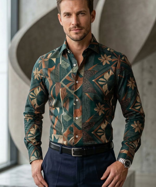Men’s Designer Slim-Fit Abstract Botanical Mosaic Shirt – Forest & Bronze