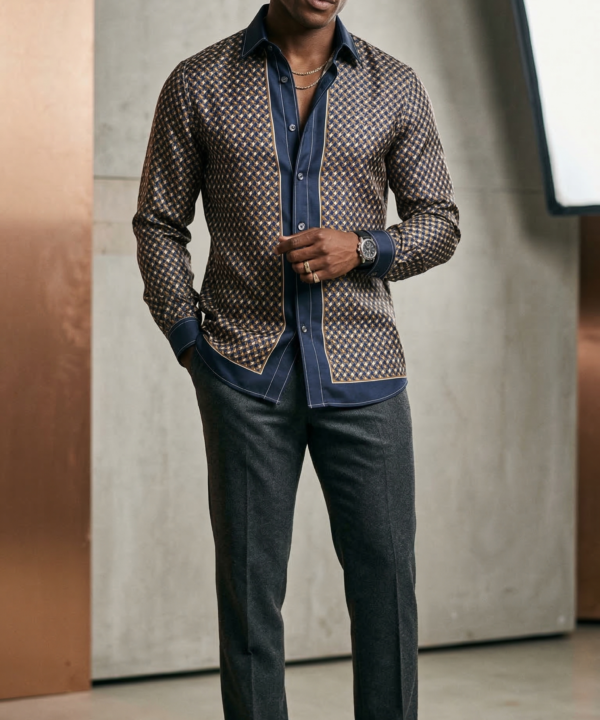 Men’s Designer Engineered Silk-Sateen Scarf-Print Shirt – Midnight & Bronze Gold