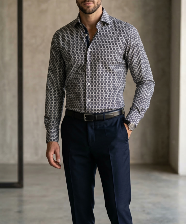 Men’s Designer Slim-Fit Micro-Medallion Geometric Shirt – Graphite & Slate