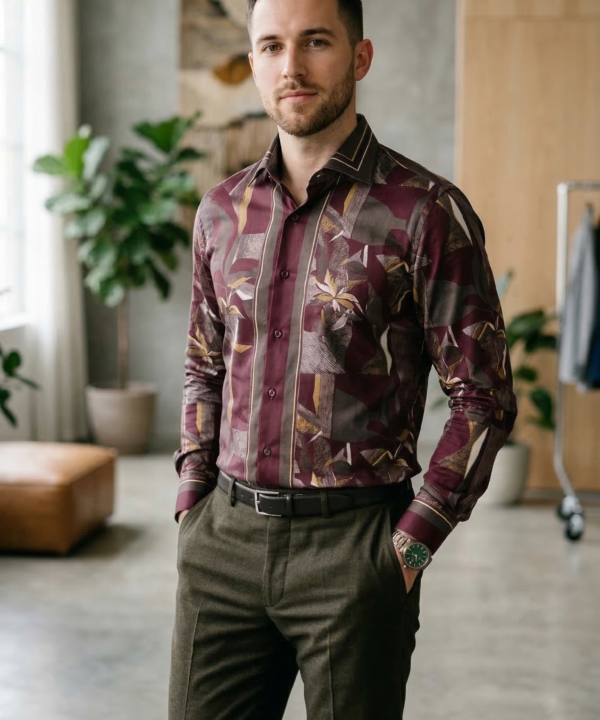 Men’s Designer Slim-Fit Abstract Mosaic Print Shirt – Burgundy & Olive Ochre