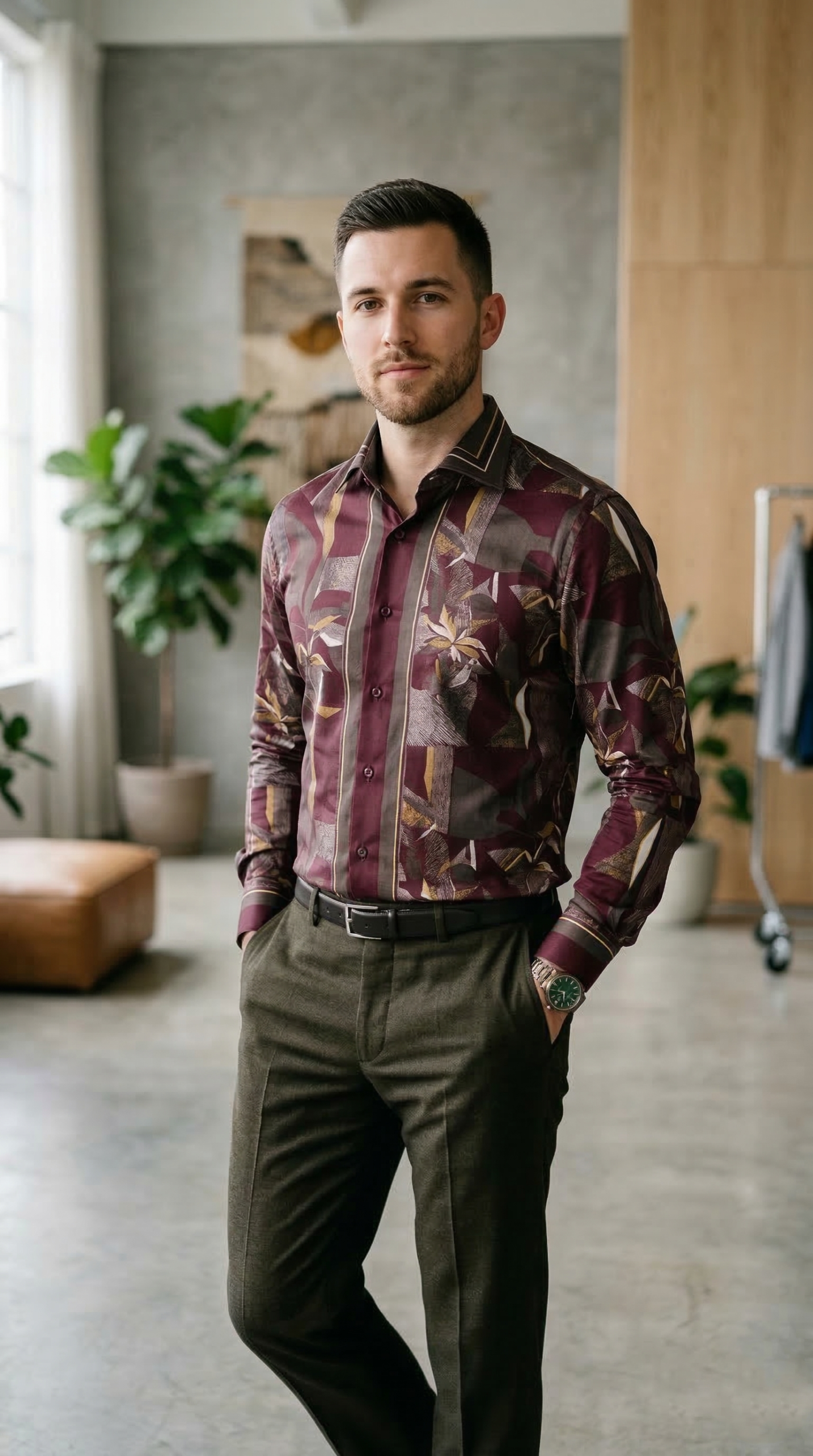 Men’s Designer Slim-Fit Abstract Mosaic Print Shirt – Burgundy & Olive Ochre
