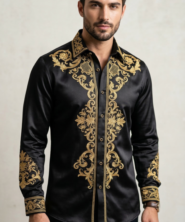 Men’s Designer Slim-Fit Baroque Embroidered Silk-Sateen Shirt – Black & Royal Gold