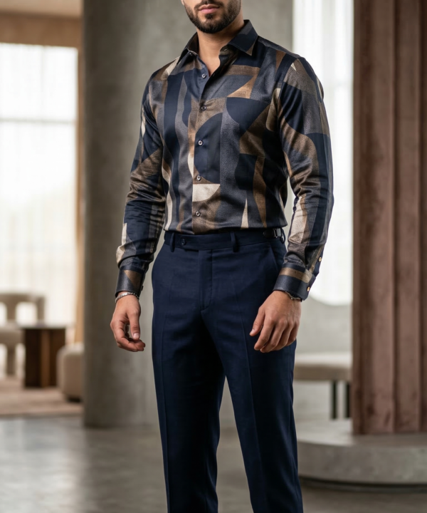 Men’s Designer Slim-Fit Abstract Fragment Print Shirt – Midnight & Burnished Bronze