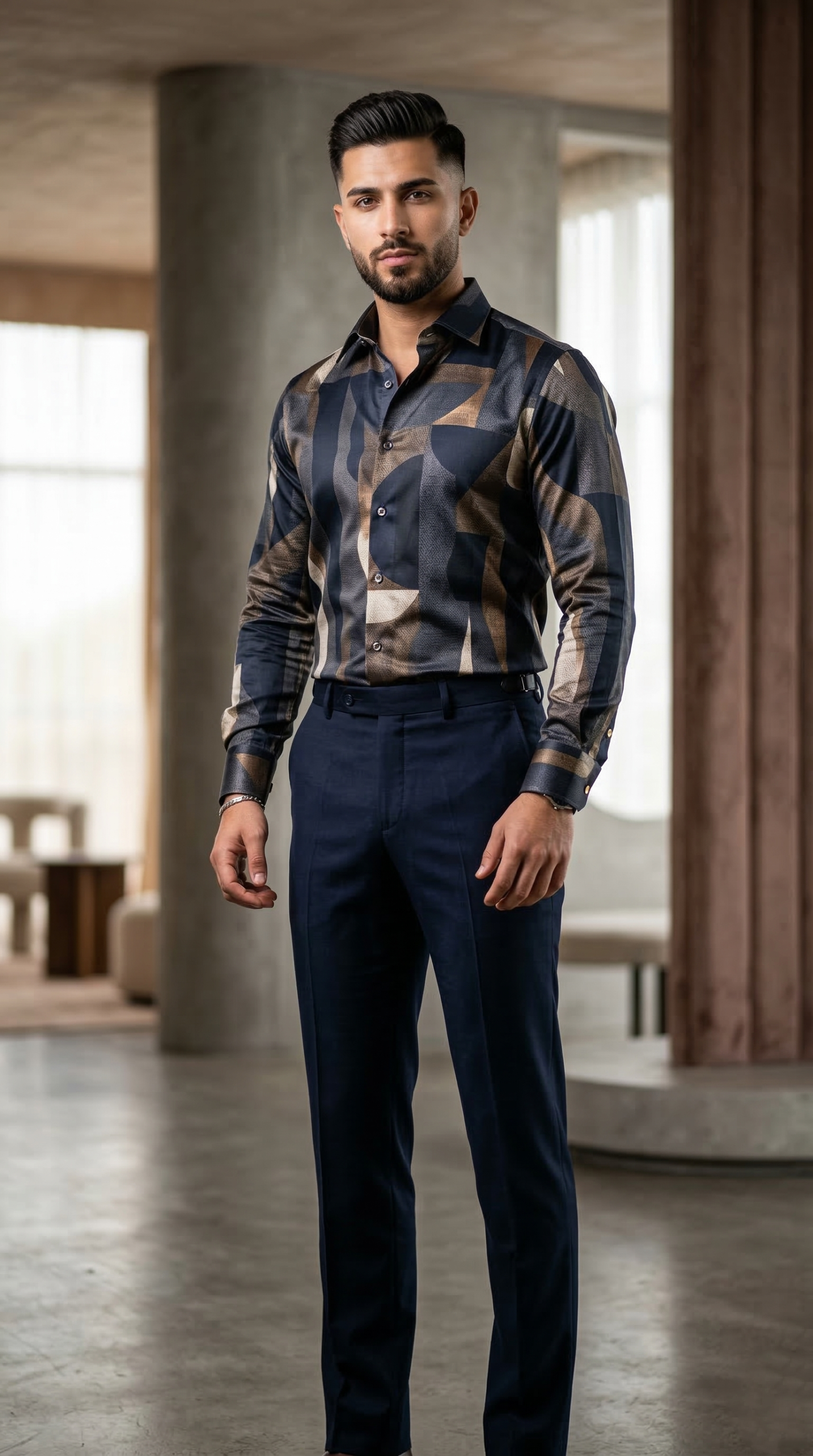 Men’s Designer Slim-Fit Abstract Fragment Print Shirt – Midnight & Burnished Bronze