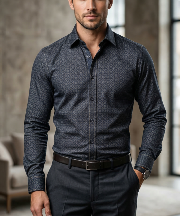 Men's Slim-Fit Midnight Navy Geo-Print Dress Shirt with Contrast Topstitching