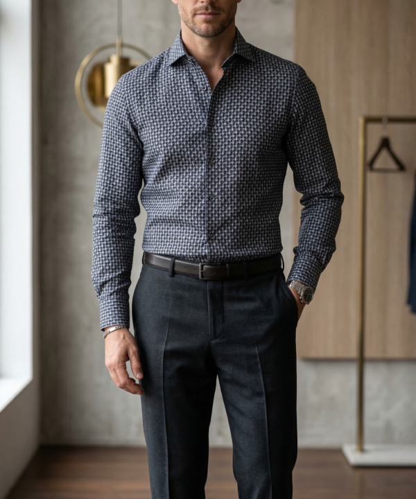 Designer Men’s Slim-Fit Micro-Hounds tooth Dress Shirt – Charcoal & Navy Geometric Print