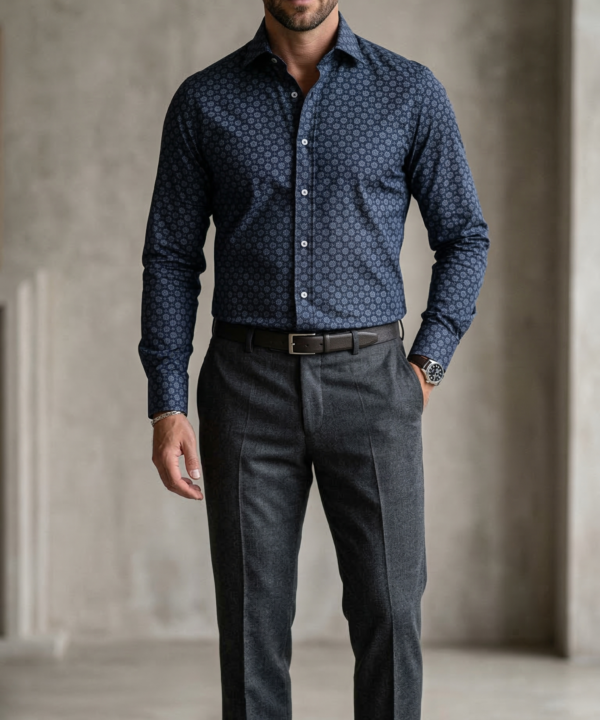 Designer Men’s Navy Medallion Print Dress Shirt – Slim Fit Geometric Floral