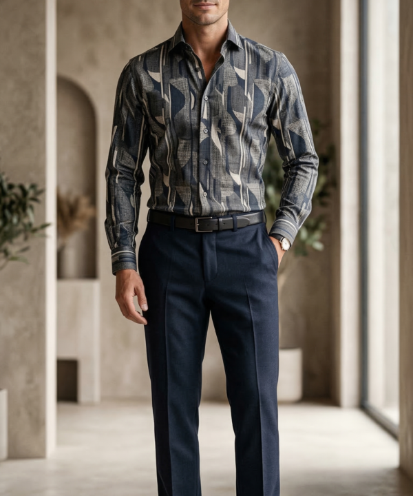 Designer Men’s Abstract Geometric Print Shirt – Modern Slate & Charcoal Art-Deco Motif