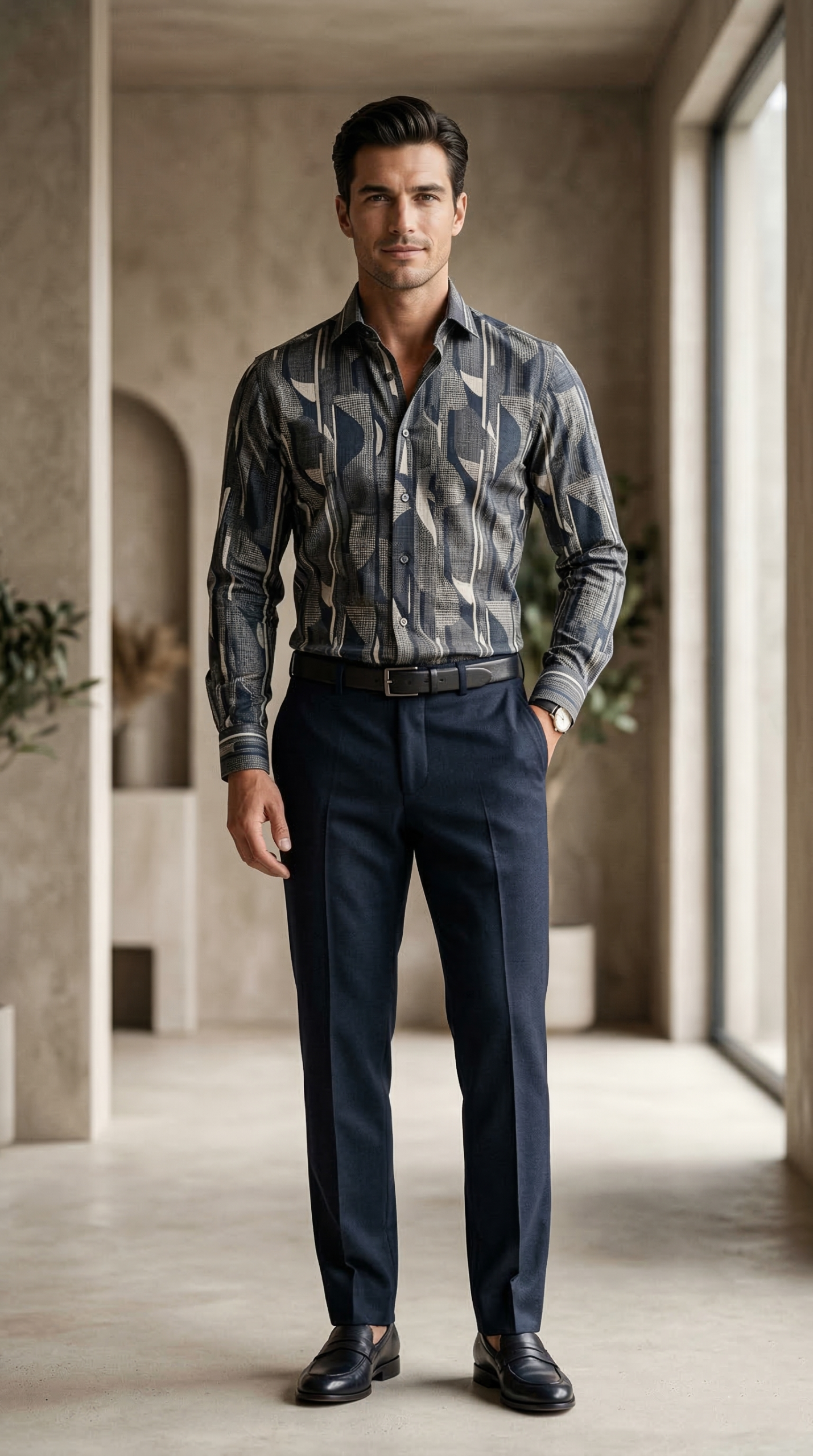 Designer Men’s Abstract Geometric Print Shirt – Modern Slate & Charcoal Art-Deco Motif