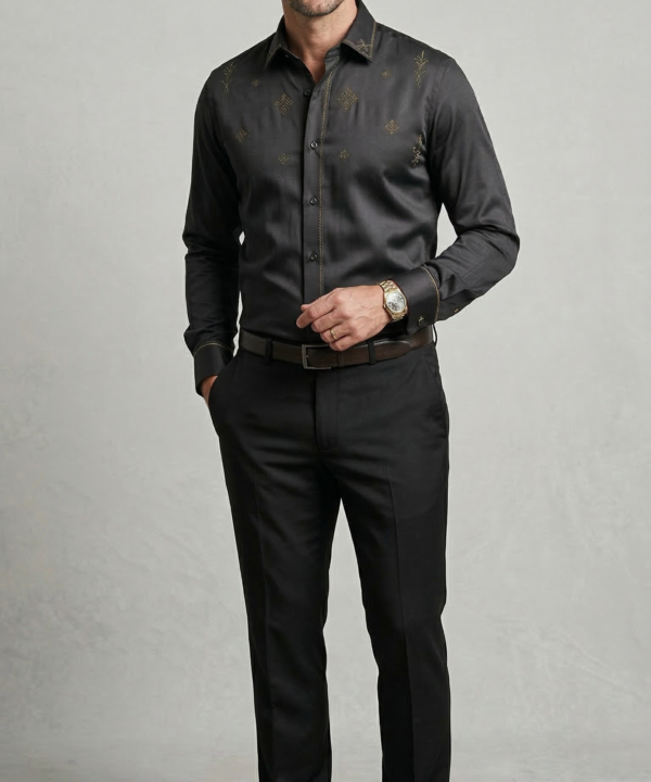 Designer Men’s Charcoal Black Embroidered Dress Shirt – Gold Filigree & Geometric Motif