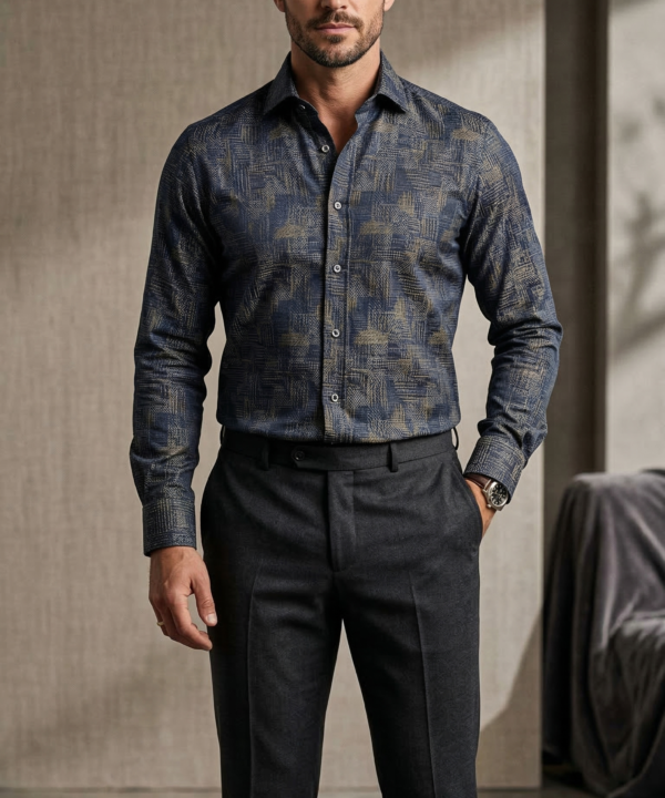 Designer Men’s Navy & Gold Jacquard Shirt – Abstract Cross-Hatch Textured Dress Shirt