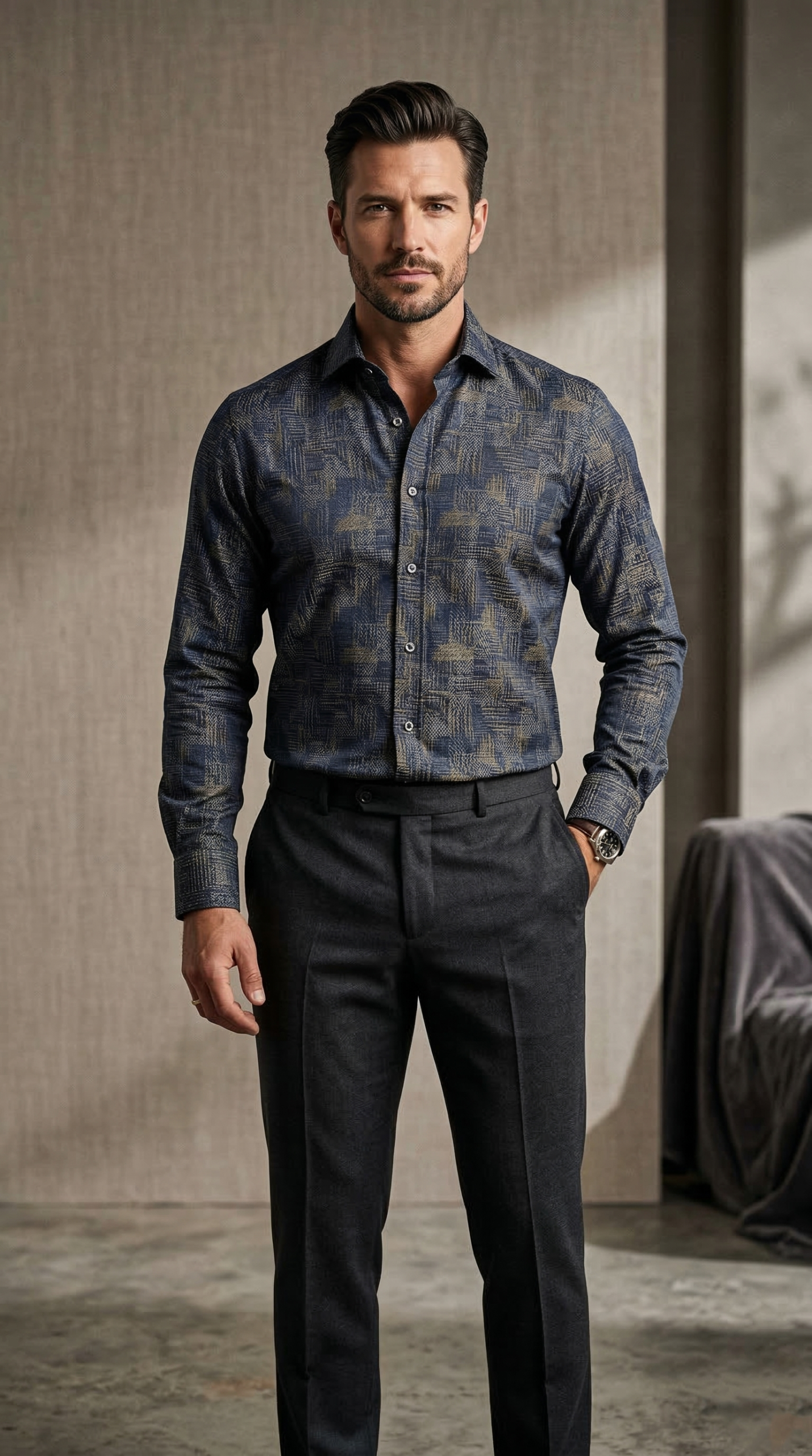 Designer Men’s Navy & Gold Jacquard Shirt – Abstract Cross-Hatch Textured Dress Shirt