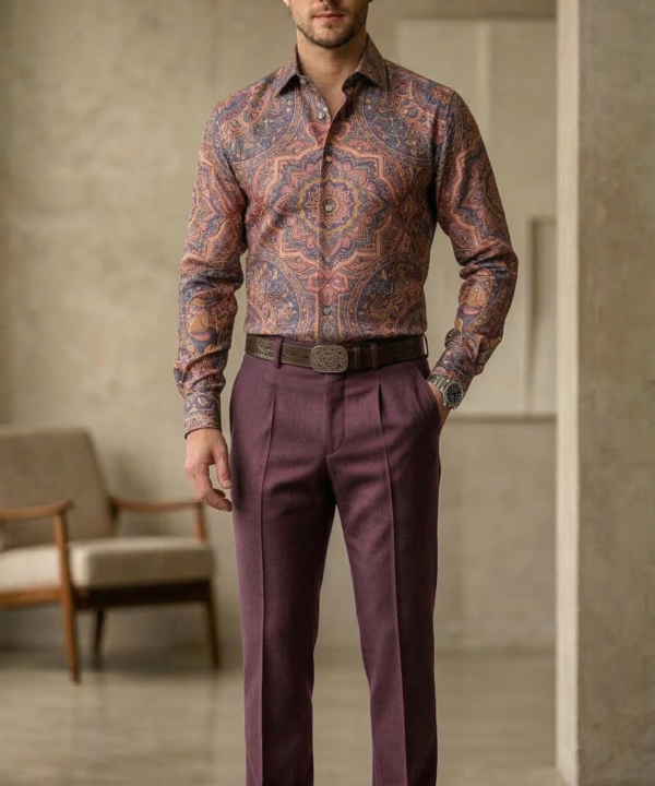 Designer Men’s Ornate Mandala Print Shirt – Sunset Copper & Plum Kaleidoscope Motif