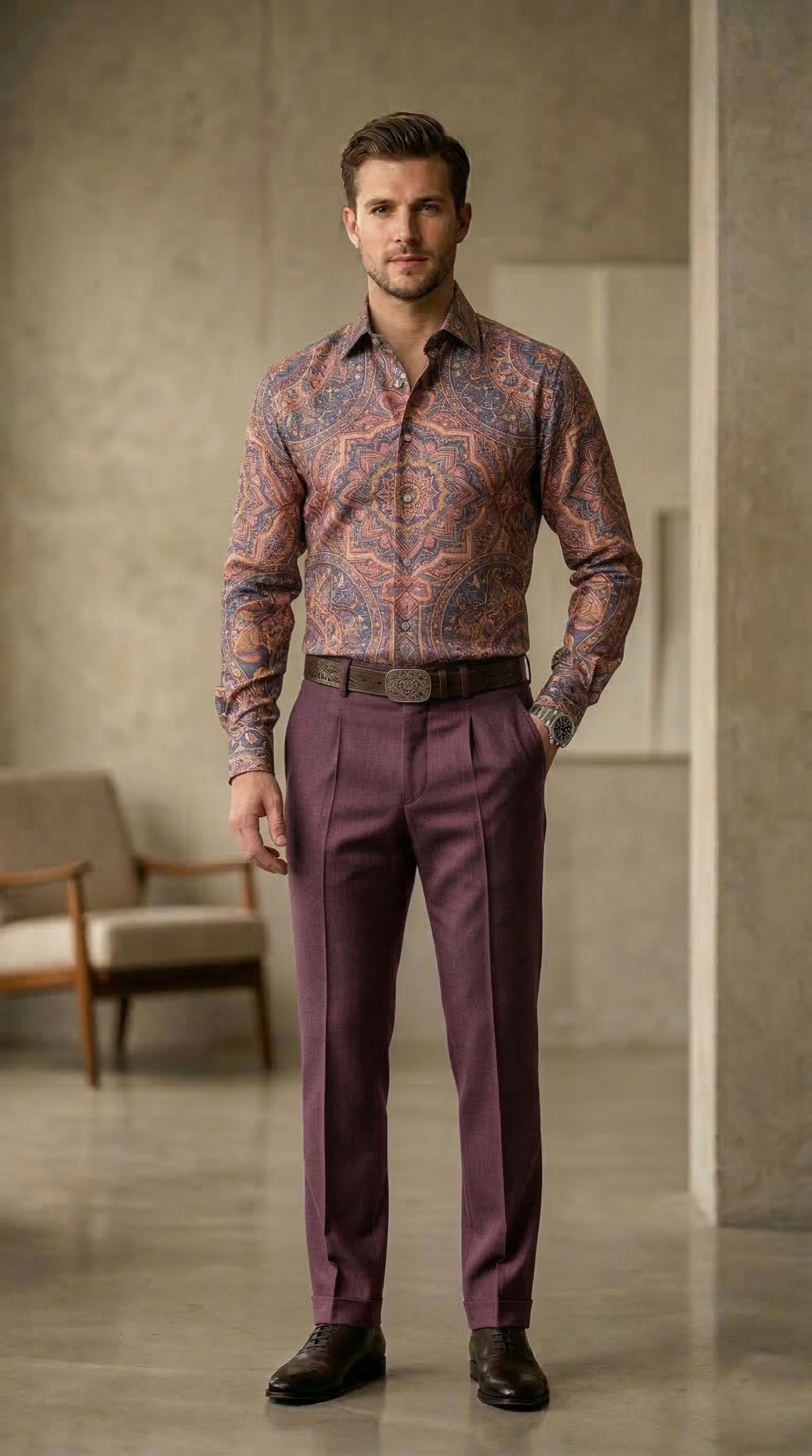 Designer Men’s Ornate Mandala Print Shirt – Sunset Copper & Plum Kaleidoscope Motif