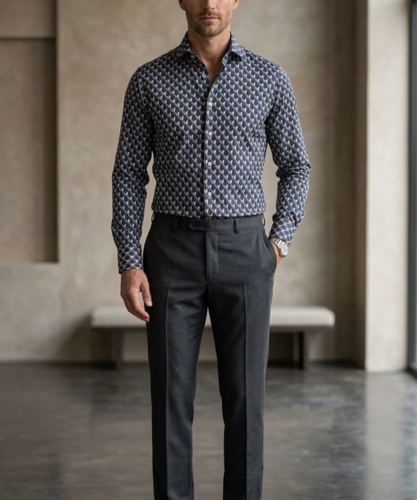 Designer Men’s Geometric Hexagon Print Shirt – Navy & Slate 3D Optical Motif