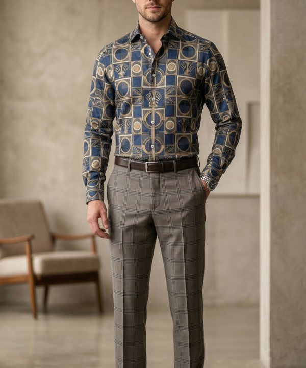 Designer Men’s Art Deco Tile Print Shirt – Navy & Gold Architectural Motif