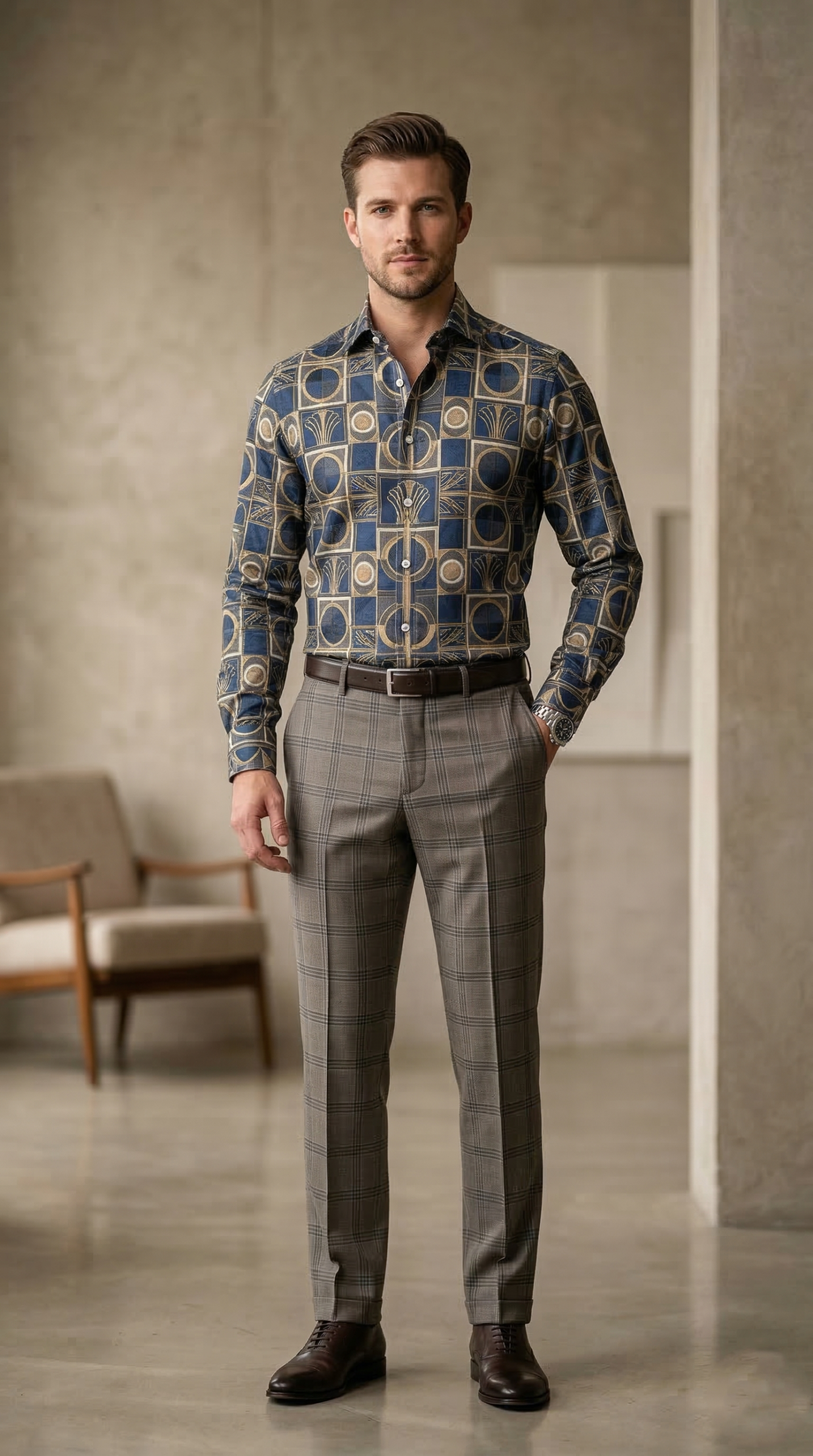 Designer Men’s Art Deco Tile Print Shirt – Navy & Gold Architectural Motif