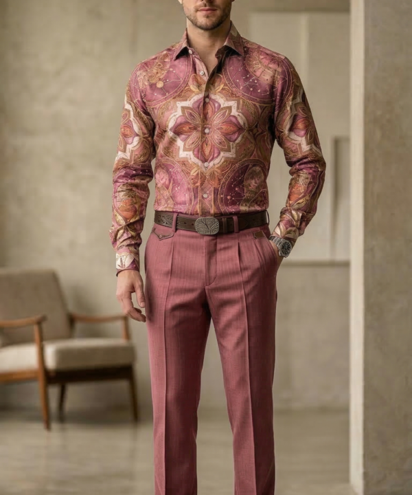 Designer Men’s Dusty Rose Mandala Print Shirt – Celestial Gold & Mauve Ornate Motif