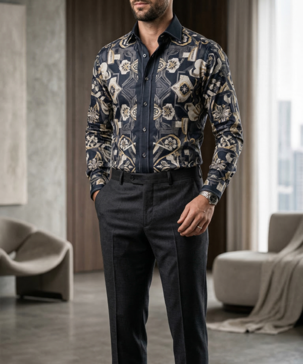 Designer Men’s Baroque Floral Print Shirt – Navy & Gold Botanical Geometric Motif