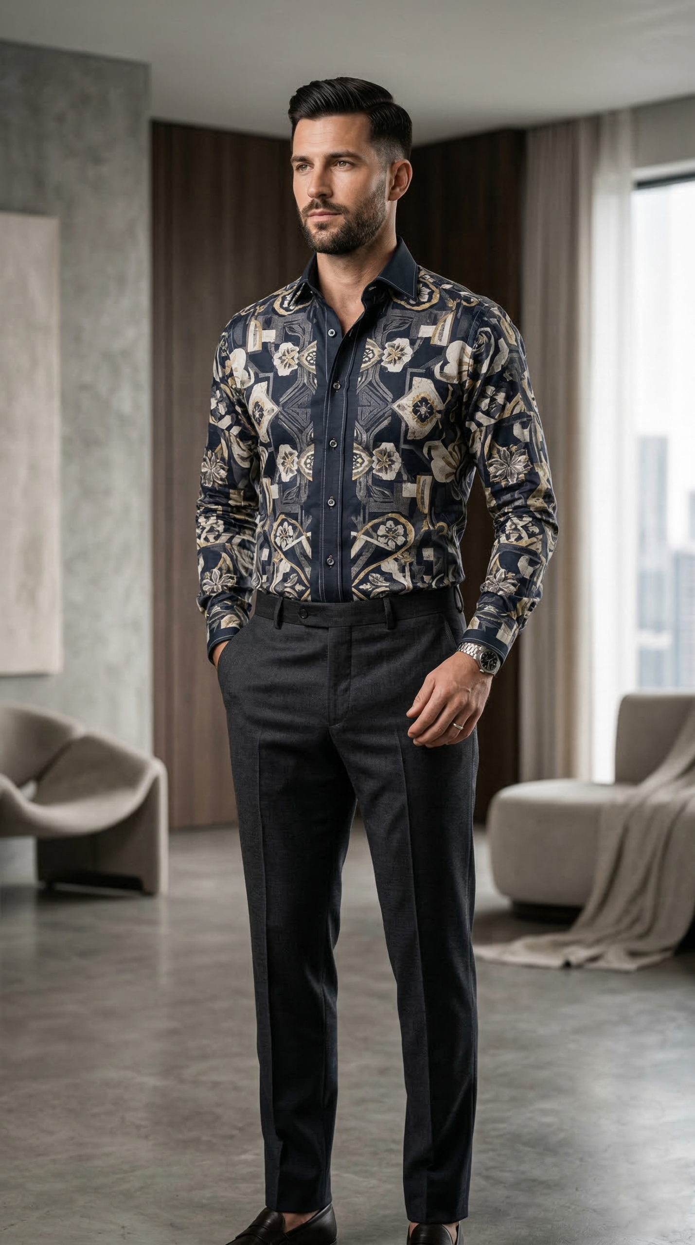 Designer Men’s Baroque Floral Print Shirt – Navy & Gold Botanical Geometric Motif