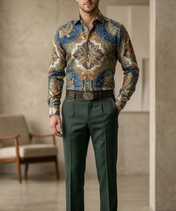 Designer Men’s Maritime Celestial Print Shirt – Deep Sea Teal & Ochre Compass Mandala Motif