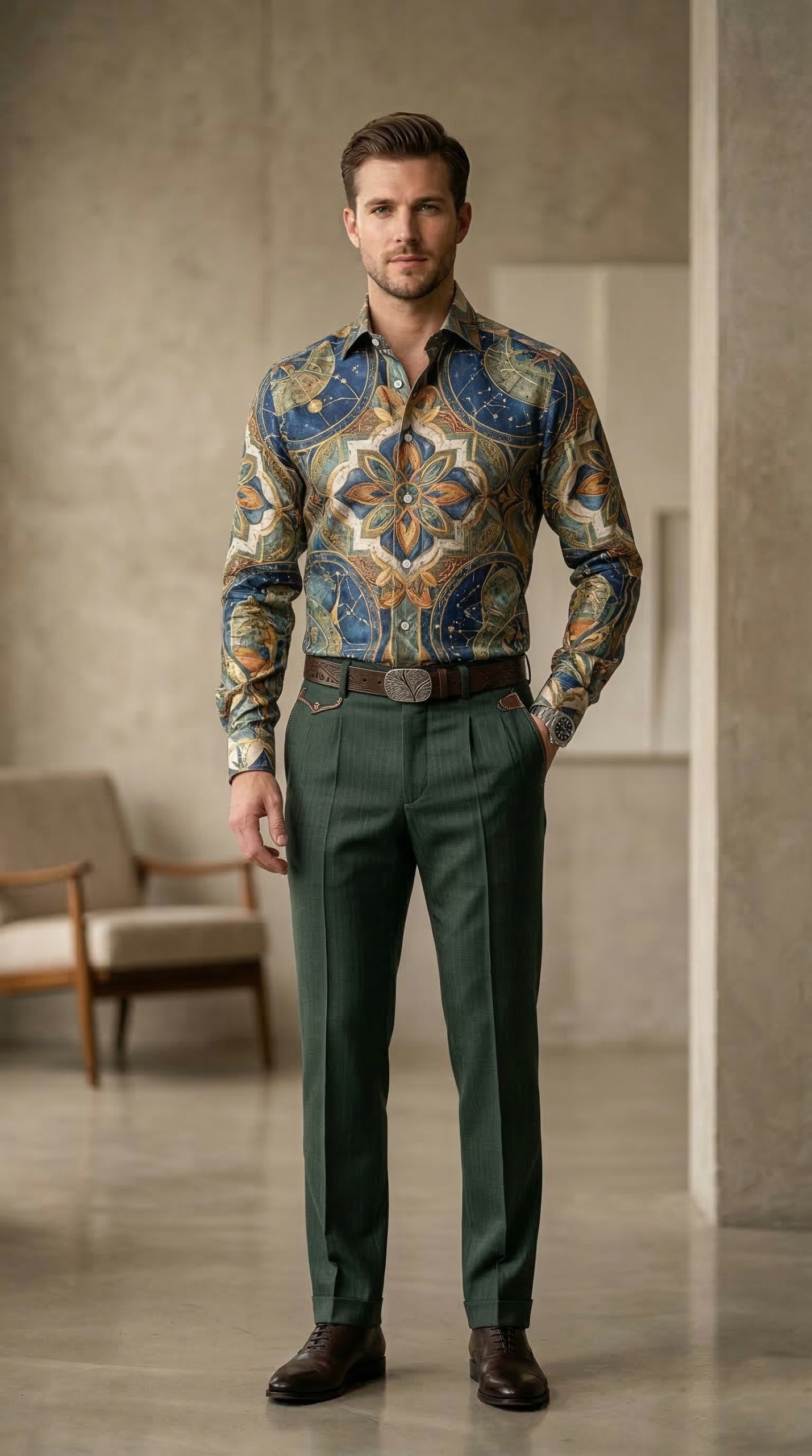 Designer Men’s Maritime Celestial Print Shirt – Deep Sea Teal & Ochre Compass Mandala Motif