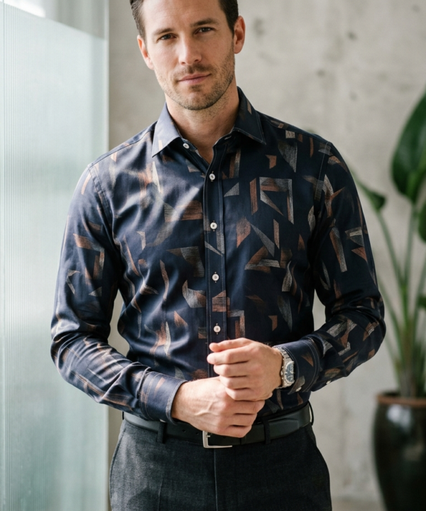 Designer Men’s Abstract Shattered Geometric Shirt – Navy & Copper Fragmented Print