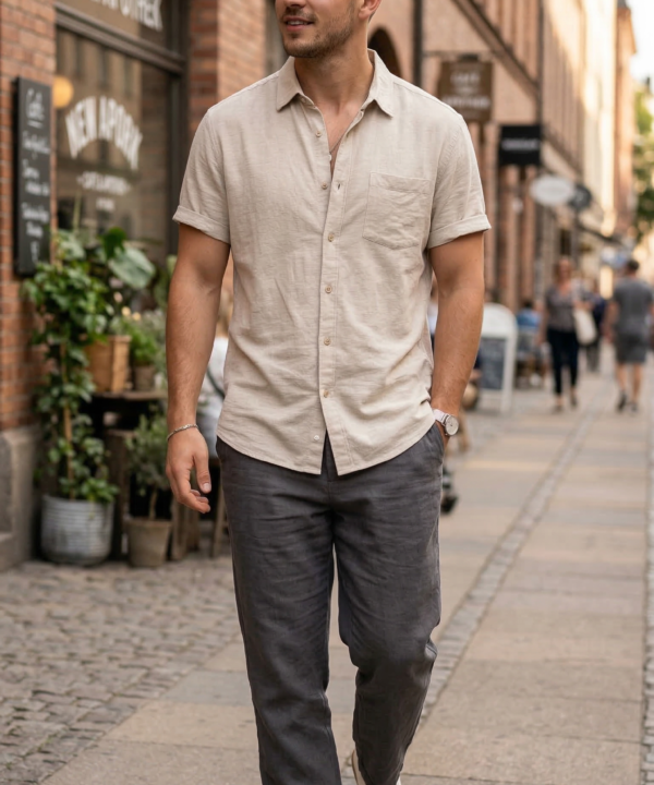 Men’s Light Beige Casual Short Sleeve Shirt – Premium Cotton Summer Shirt for Men | Stylish Relaxed Fit Button down Shirt