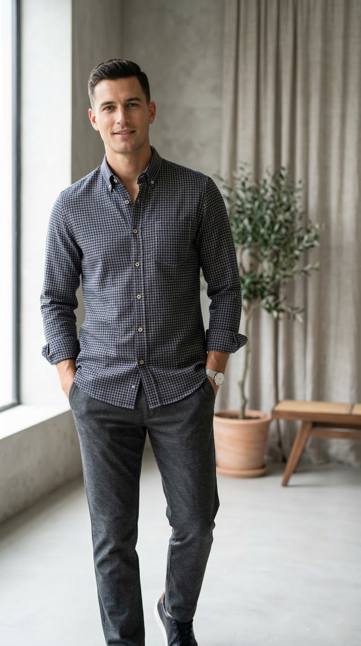 Men’s Navy Blue Checked Casual Shirt – Premium Cotton Regular Fit Button-Down Stylish Every day Wear