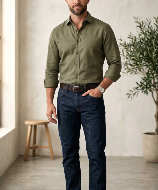 Men’s Premium Linen-Blend Button-Down Shirt in Olive Drab