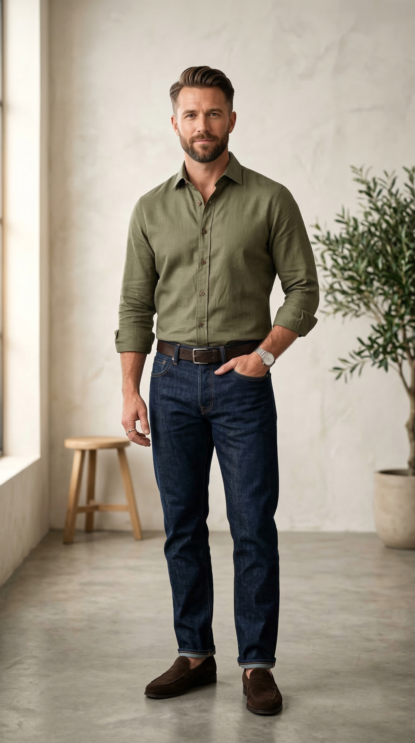 Men’s Premium Linen-Blend Button-Down Shirt in Olive Drab