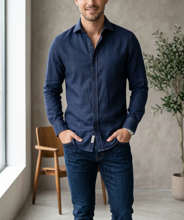 Men’s Deep Indigo Denim-Look Casual shirt with Contrast Topstitching