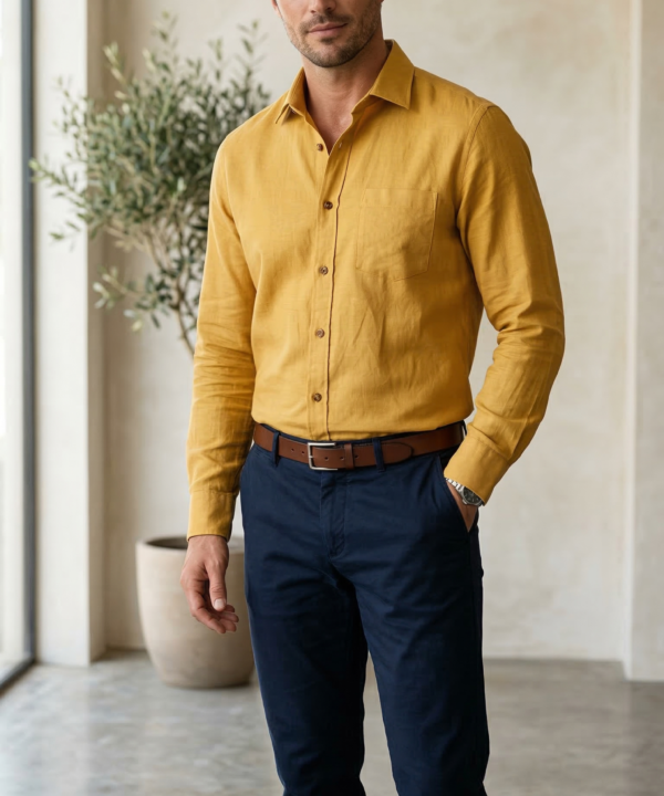 Men’s Casual Long-Sleeve Linen-Blend Shirt in Mustard Gold