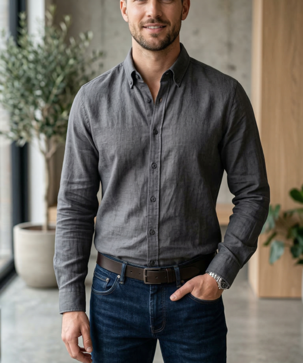 Men’s Casual Slim-Fit Melange Linen Shirt in Charcoal Grey