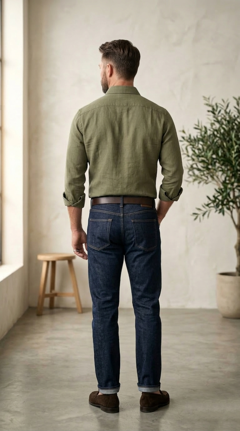 Men’s Premium Linen-Blend Button-Down Shirt in Olive Drab - Image 3