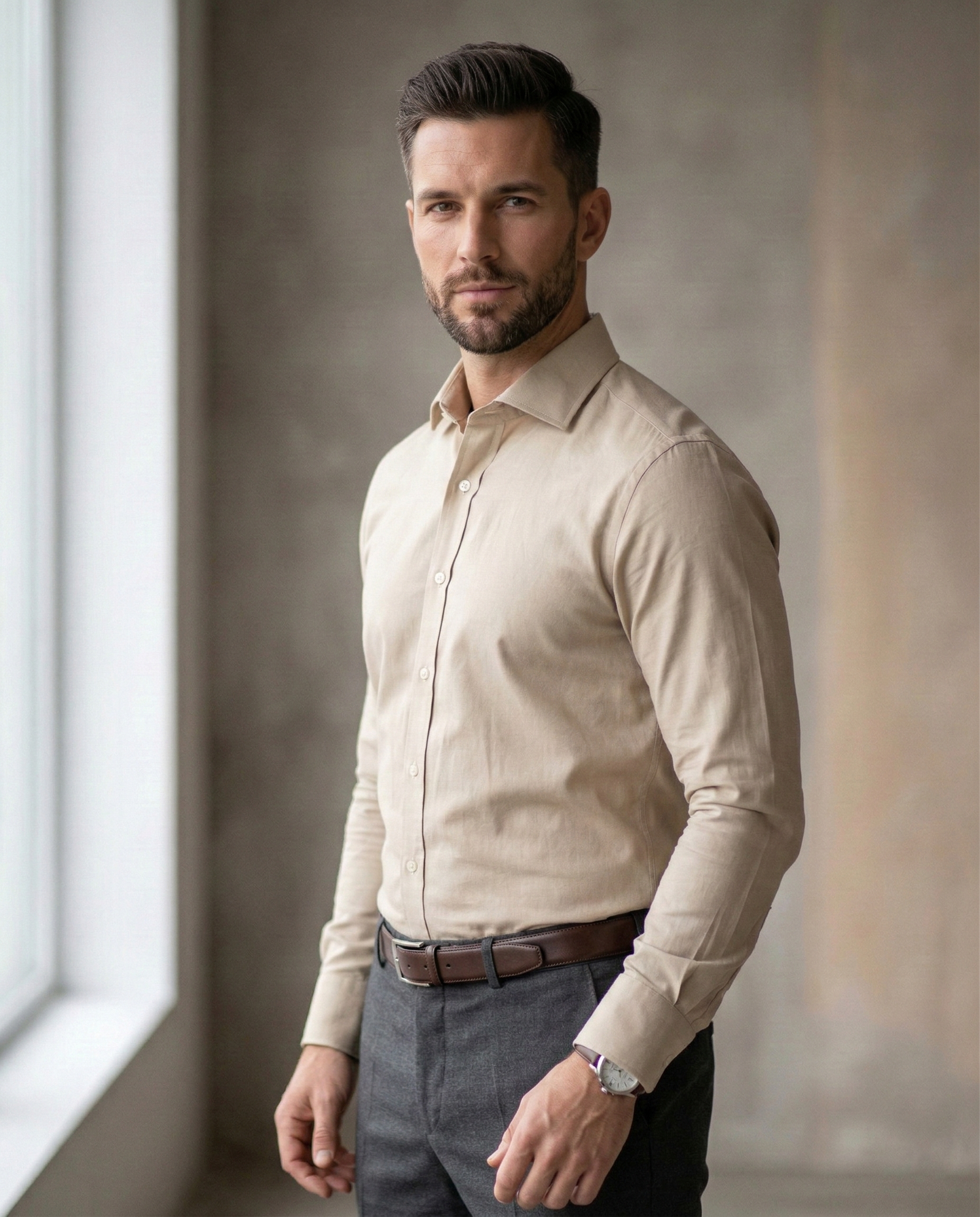 Beige Formal Shirt for Men | Premium Cotton Blend Regular Fit Office & Business Wear Shirt - Image 2