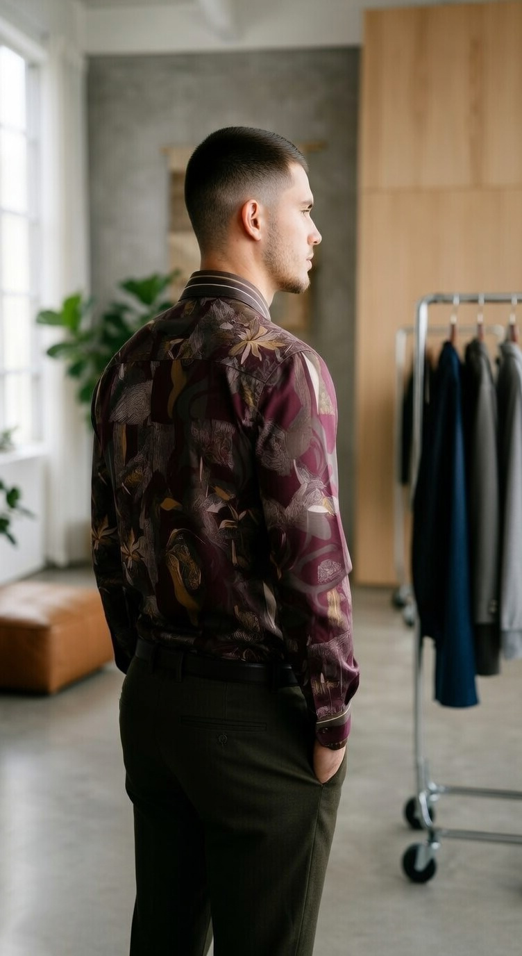 Men’s Designer Slim-Fit Abstract Mosaic Print Shirt – Burgundy & Olive Ochre - Image 2