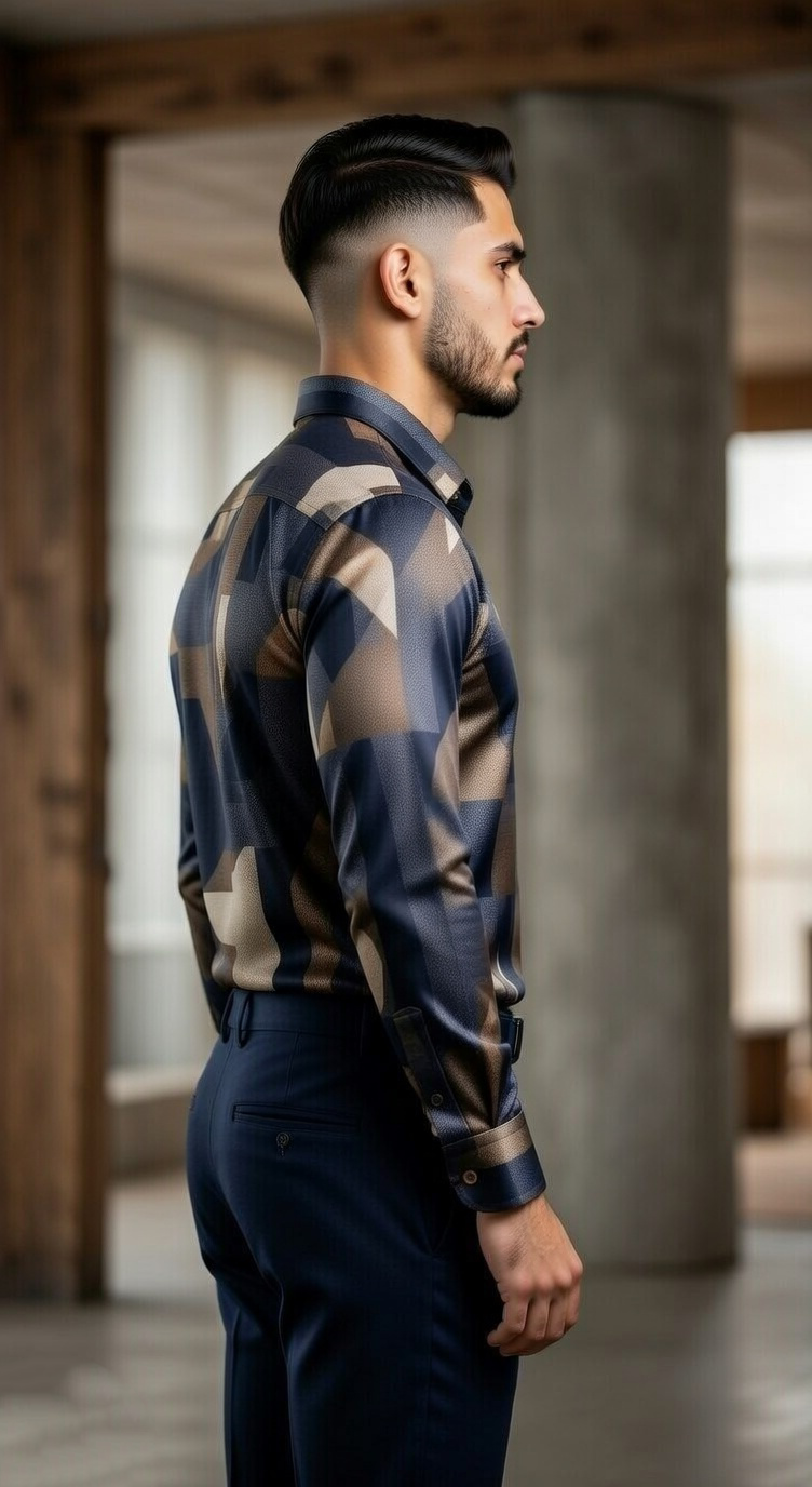 Men’s Designer Slim-Fit Abstract Fragment Print Shirt – Midnight & Burnished Bronze - Image 2