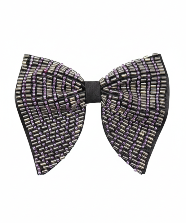 Hand-Beaded Silver & purple metallic Crystal Bow Tie