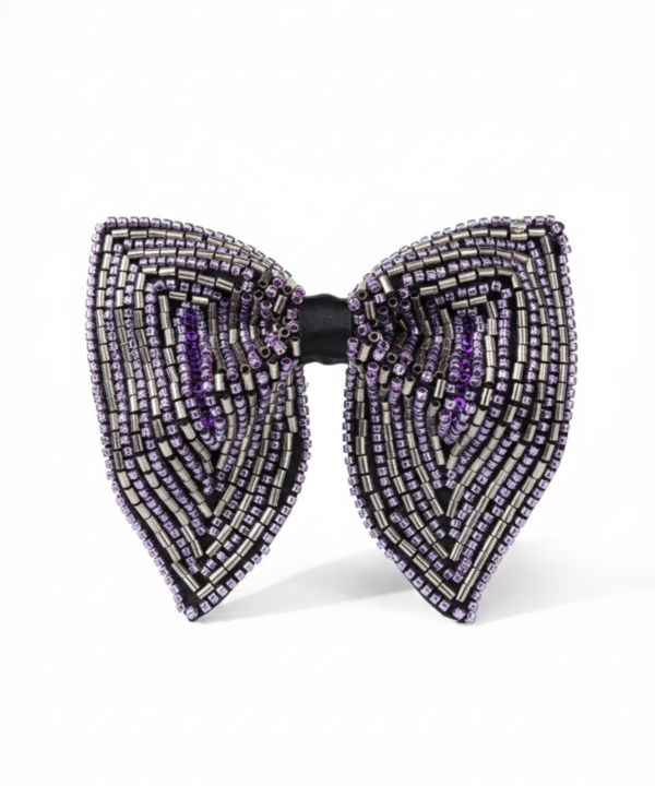 Hand-Beaded Silver & Purple Butterfly Bow Tie