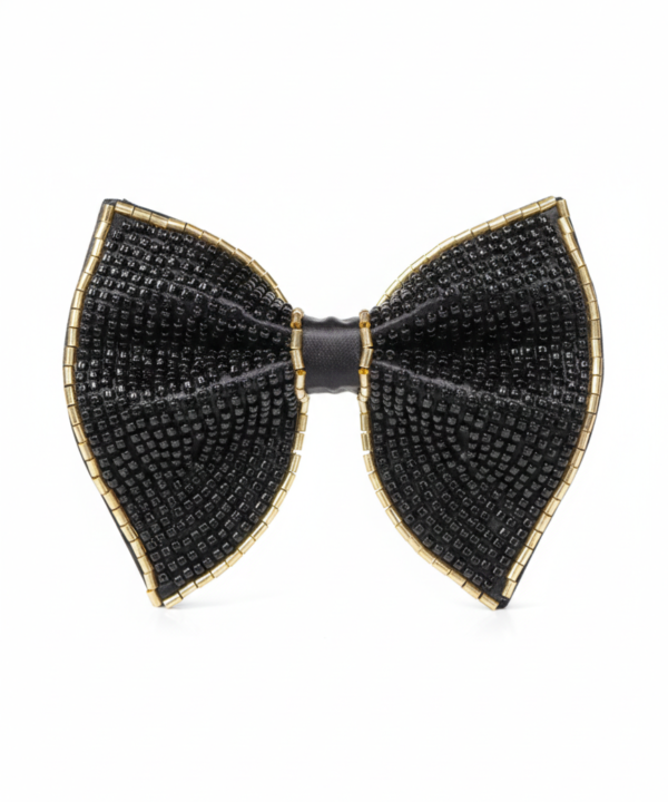 Midnight Onyx Beaded Bow Tie with Gold Trim