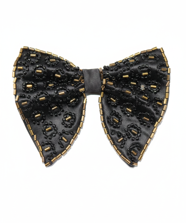 Noir Leopard Hand-Beaded Bow Tie with Gold Trim