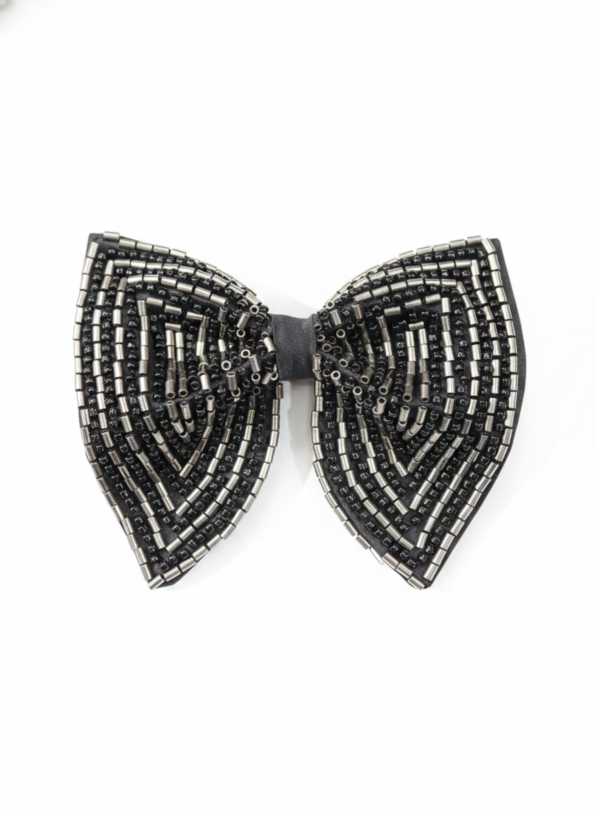 Gunmetal & Onyx Chevron Hand-Beaded Bow Tie