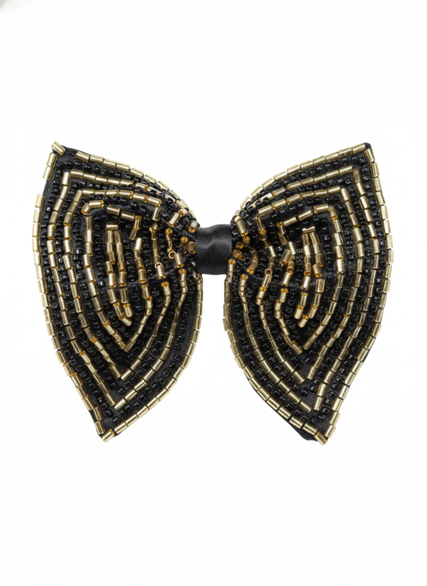 Hand-Embroidered Gold Bead Butterfly Bow Tie